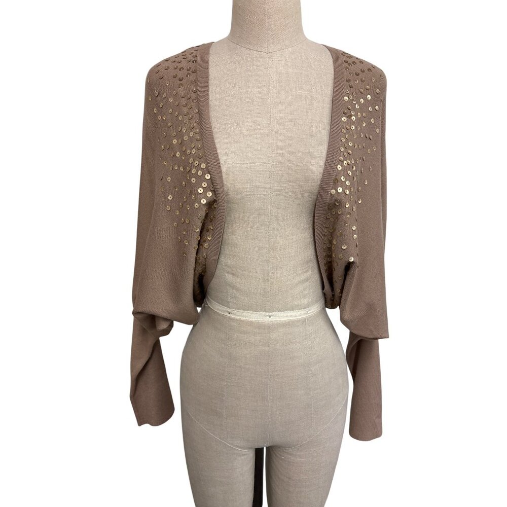 BCBG Max Azria Brown Sparkling Sequin Bolero Shrug L Silk Blend Holiday Party